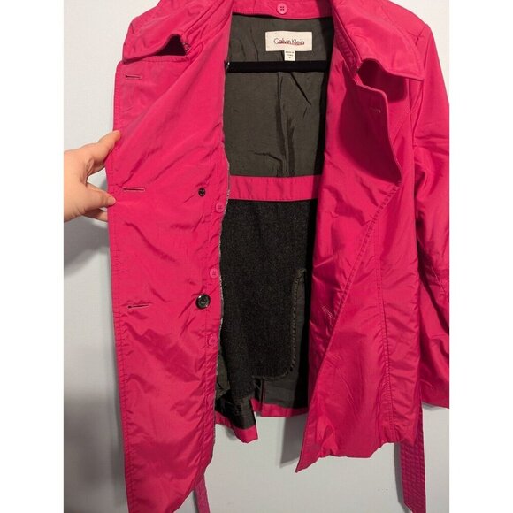 Calvin Klein Womens Magenta Pink Rain Jacket Wool Lined Peacoat Belted Size 6 - Picture 9 of 14